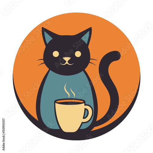 Charming vector illustration of a cat sitting beside a steaming cup with a circular outline featuring cozy cafe vibes