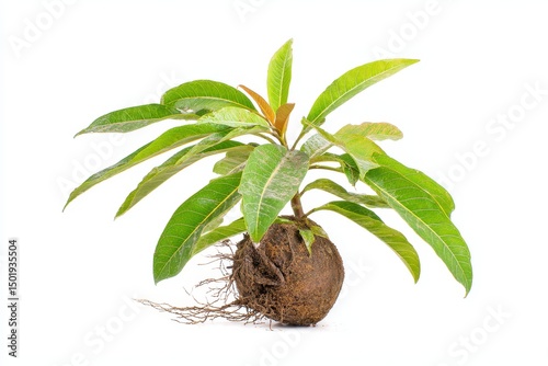 Young mango tree seedling with root system and soil base, isolated on white background, perfect for tropical farming, horticulture, and organic garden themes
