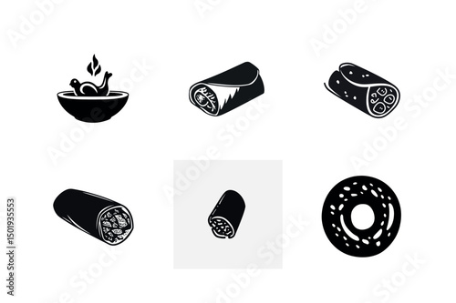 Food icons set burrito spring roll bagel soup
