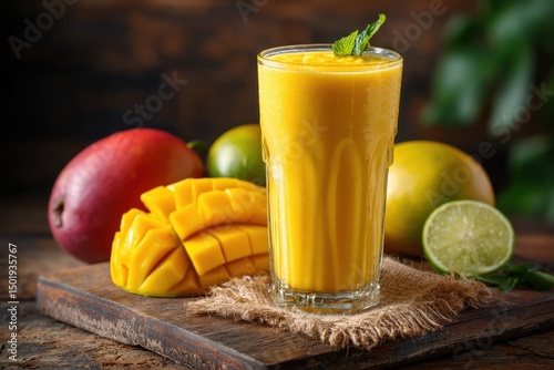 Mango smoothie in a clear glass made with ripe mango, yogurt, and milk, served cold as a healthy tropical summer drink, isolated on white background, refreshing and nutritious