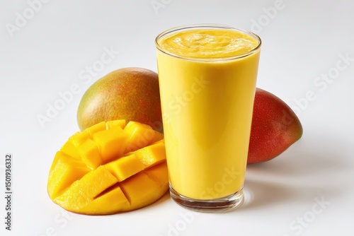 Mango smoothie or shake made with ripe mangoes and dairy milk, nutritious and sweet tropical drink served in glass, presented on white background for clean look