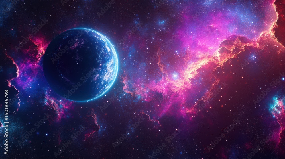 Fototapeta premium Vibrant Cosmic Scene with Planet and Colorful Nebula in Space