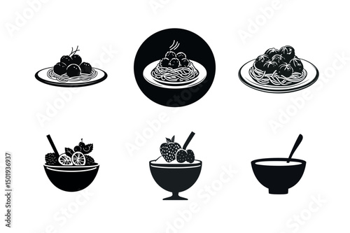Food icons set spaghetti meatballs and dessert bowls