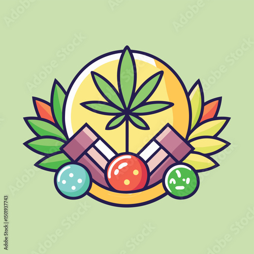 Creative vector illustration featuring a leaf with vibrant colors and playful elements for cannabis-themed branding and design