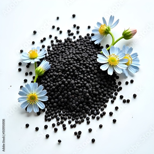 Black Granular Fertilizer with Blue Flowers on White Background – Organic Gardening Concept