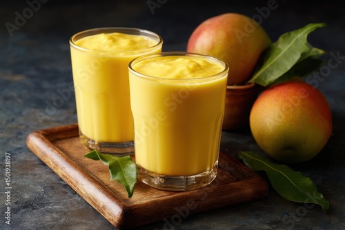 Mango smoothie, mango milkshake, or yogurt mango drink — a refreshing tropical beverage blended with chilled milk and ripe mango pulp