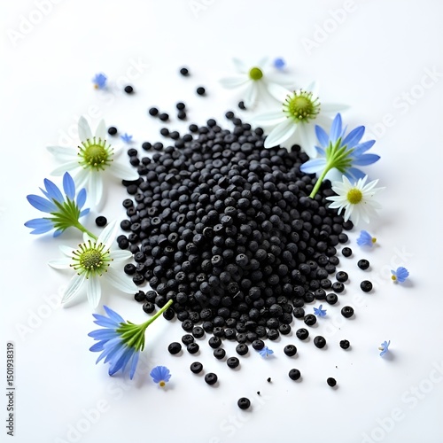 Black Seeds with Blue and White Flowers – Natural Herbal Ingredients on White Background


