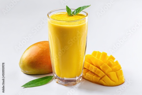 Tropical mango yogurt smoothie made with fresh mango pulp and milk, healthy and creamy fruit drink served cold in glass, isolated on clean white background