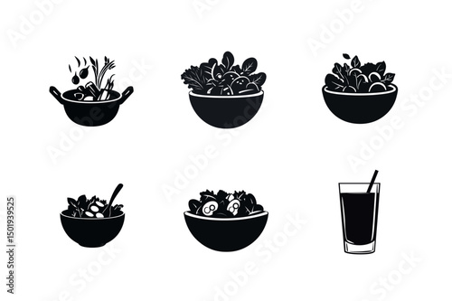 Silhouette icons of salads bowls and vegetable juice