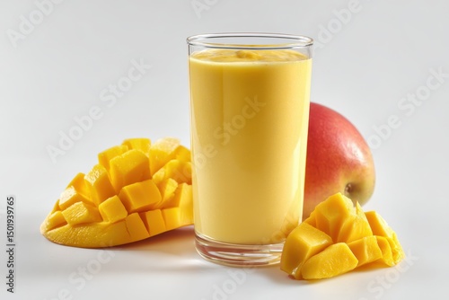 Mango smoothie made with ripe mangoes, yogurt, and milk, served cold in a clear glass on white background, healthy tropical drink perfect for summer refreshment