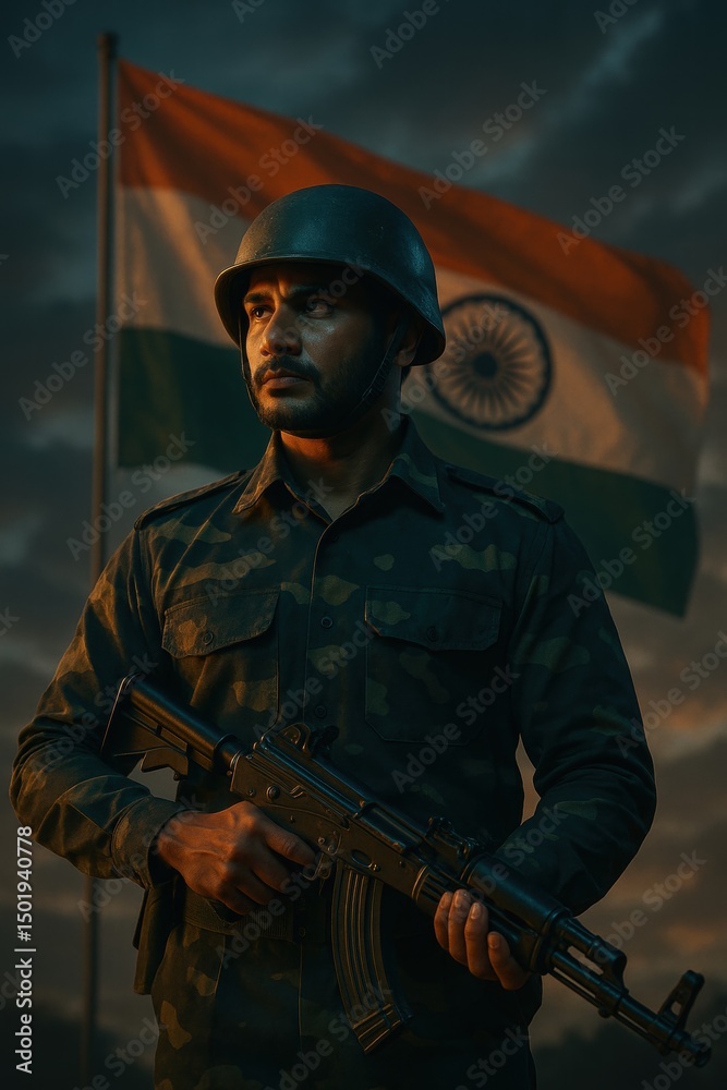 Obraz premium A proud indian soldier stands guard with a rifle, silhouetted against the vibrant backdrop of the indian flag, embodying valor and dedication.