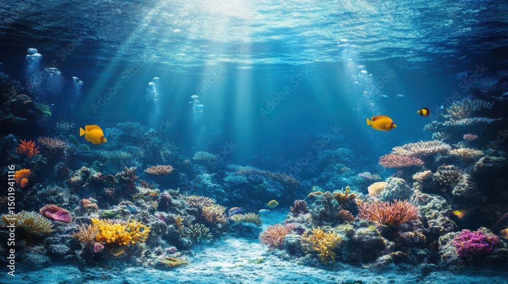 Fototapeta premium Vibrant Coral Reef with Colorful Fish Under Crystal Clear Water