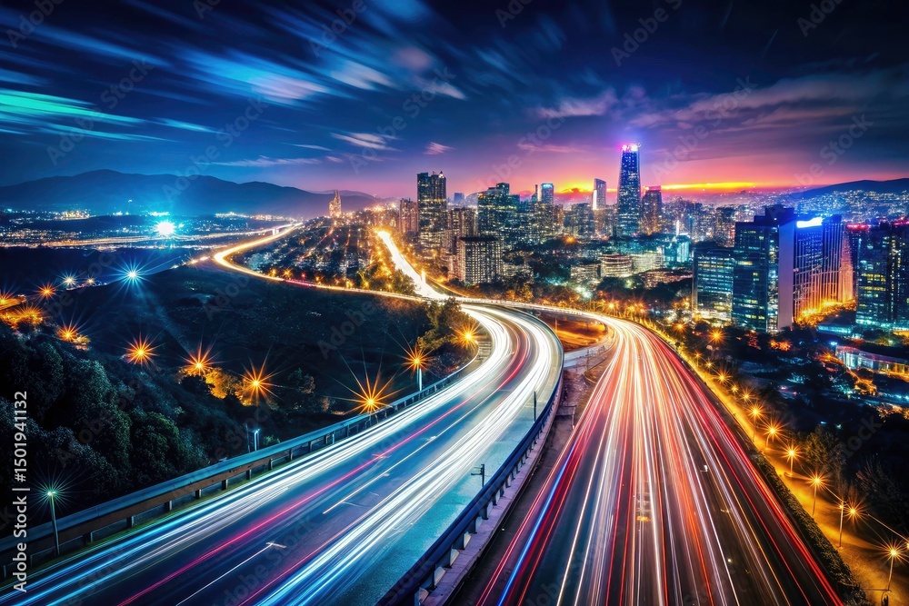 Obraz premium Dark Night Lightscapes: Urban Exploration Photography, Glowing City Streets, Night Photography, Illuminated Cityscapes, Nighttime Lights, Dark City, City at Night, Night Scene