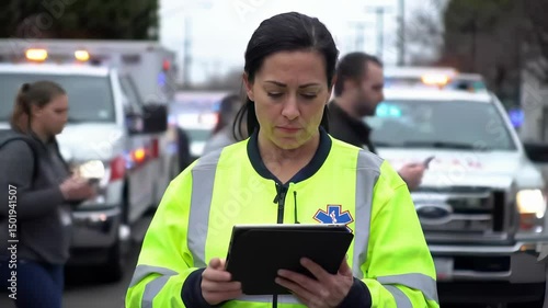 Female Hispanic Paramedic Using Tablet at Emergency Scene with Ambulances and Crew                                    