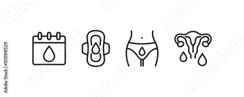 Menstrual cycle icons representing period, pad, lady, and uterus.