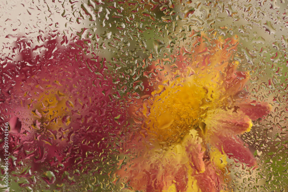 Fototapeta premium Smoke selected Soft focus aster flower bouquet through glass with wet water drops. Abstract natural blur background.