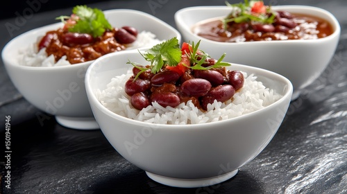 Wallpaper Mural Three bowls of chili con carne served with white rice, a culinary delight. Torontodigital.ca