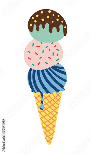 Ice cream, gelato, frozen yogurt in wafer cone hand drawn illustration, isolated vector on transparent. Flat style design. Birthday celebration, festival, carnival, party, summer clip art, element