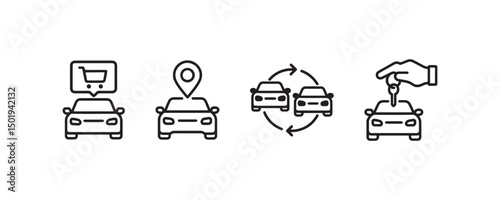 Car shopping and rental icons: purchase, rental, car exchange, and key handover.