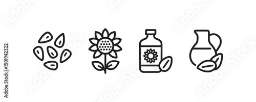 Sunflower seed icons: seeds, flower, oil bottle, pitcher in simple line art style.