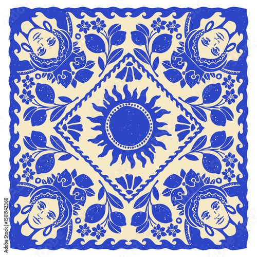 Italy lemon bandana print, hand drawn vintage Amalfi summer square decorative tile, lemon silhouette. Traditional retro blue Mediterranean handkerchief design, sun sign. Italy bandana fashion blanket