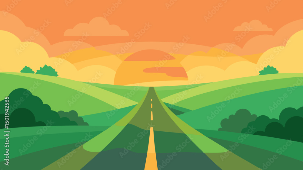 Fototapeta premium Winding road leads to charming houses at sunset, cloudscape hills, serene landscape