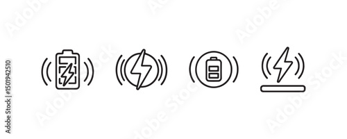 Wireless charging icons: battery, lightning bolt, energy symbols.