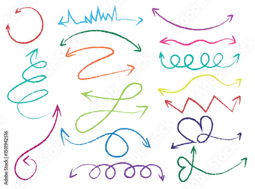 Hand drawn colorful double side arrow crayon brush style arrows illustration vector