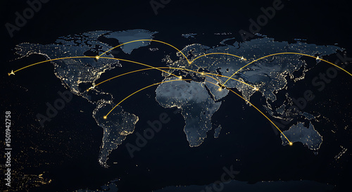 World Map with Lines and Lights