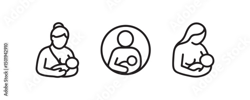 Breastfeeding icons: female figures nursing infants, simple line illustrations.