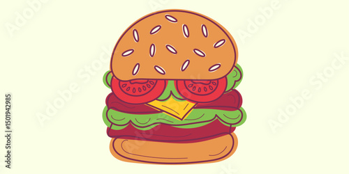 Doodle Burger design. Colorful Hand drawn vector illustration for cards, business, banners, textile, wallpaper, wrapping in orange, yellow, green and red colours. Isolated on beige background