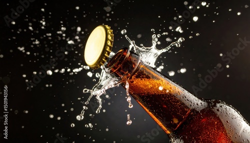 Refreshing moment beer bottle opening dark background product photography close-up beverage splash concept