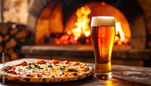 Sizzling pizza and refreshing beer cozy restaurant food photography warm atmosphere close-up shot culinary delight