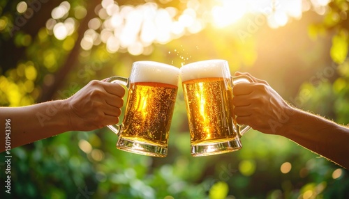 Cheers and celebration friends toasting with beer in a lush garden outdoor gathering warm sunshine joyful moments