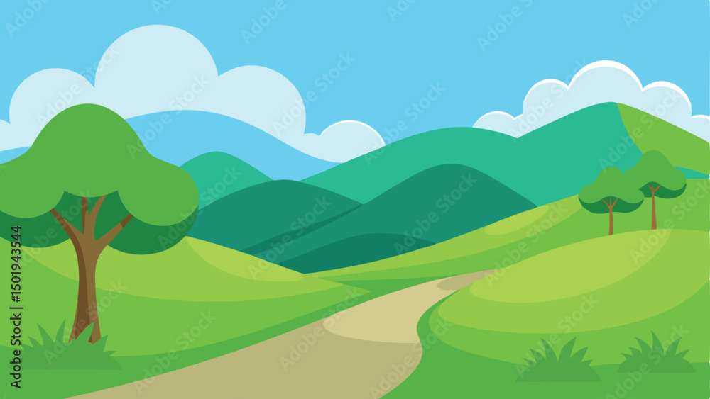 Obraz premium Beautiful rural landscape with meadows and fields, trees and hills, houses against a background of blue sky and white clouds. Pasture grass for cows