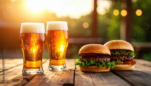 Enjoying craft beer and gourmet burgers at sunset outdoor pub food photography warm atmosphere relaxing vibe