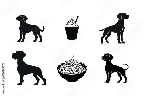 Dog breeds silhouettes with food icons
