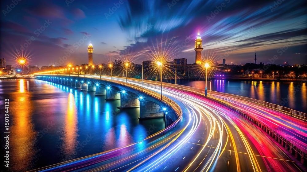 Fototapeta premium Cairo Night Photography: 6 October Bridge Nile River Long Exposure