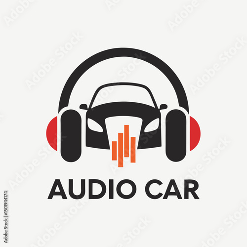 Vector illustration of a car logo featuring headphones and musical notes, symbolizing audio experiences on the go for a modern audience