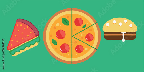 Whole pepperoni pizza pie with loose slice icon for food apps and web