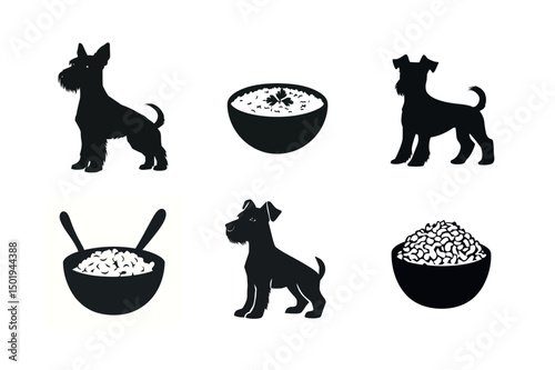 Miniature schnauzer dog silhouettes with food bowls