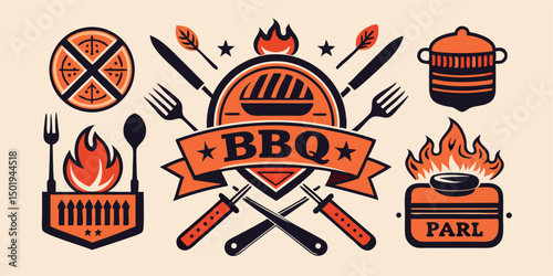 bbq barbecue grill knife spoon logotype icon symble vector