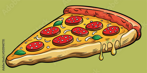Pizza slice with dripping cheese. A slice of Italian pizza on a white background.Vector Illustration.