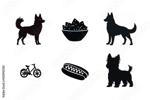 Silhouette icons dogs food bicycle