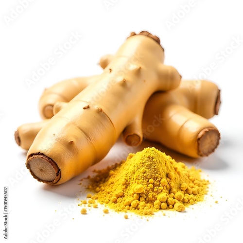 turmeric root and powder isolated on white background