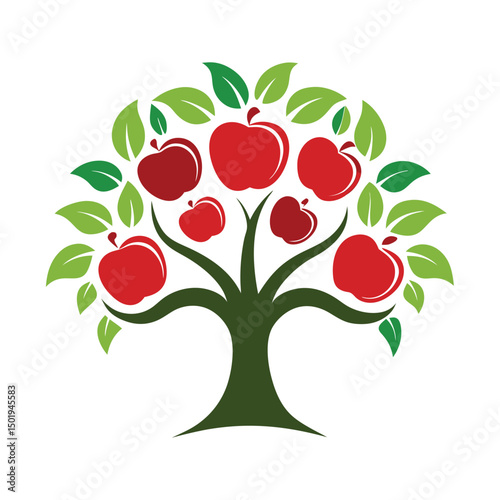 Colorful vector illustration of an apple tree with red apples and green leaves, perfect for educational themes or healthy lifestyle promotions