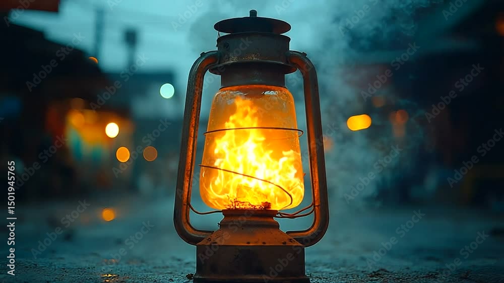 Vintage kerosene lantern burning brightly at night