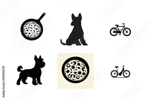 Silhouette icons pizza dog bicycle set