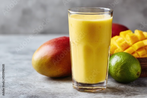Creamy mango smoothie drink glass on light gray surface prepared from fresh mangoes, thick yogurt, and cold milk, a healthy and refreshing beverage for summer or breakfast
