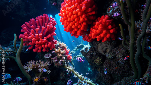 Underwater world, algae, corals, rocks at the bottom of the sea